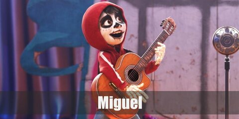 Miguel’s costume is a white tank top, a red zip-up hoodie, light washed denim jeans, brown shoes, skeletal gloves, and face paint. You might also want to bring along a guitar.