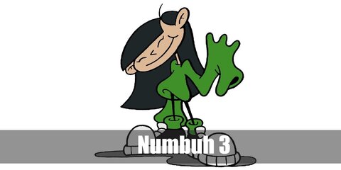  Numbuh 3’s costume is  an oversized long-sleeved green shirt, black leggings, solid green crew socks, black and white canvas shoes, and long straight black hair with bangs.