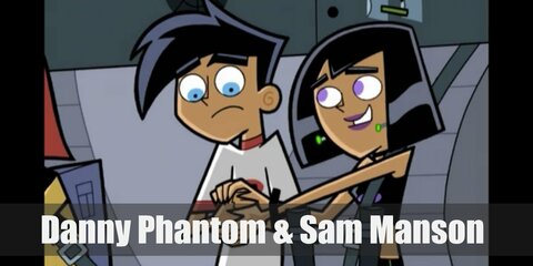 Sam Manson costume is purple and black. She wears a sleeveless crop top, black skater skirt with green lines, purple tights, and chunky black boots. Danny Phantom costume is a mostly black tight suit with white details, white gloves, white boots, and he even has white hair. 