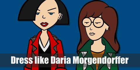 Daria costume is an orange T-shirt topped with a large dark green jacket, a black skirt, and large lace-up boots.