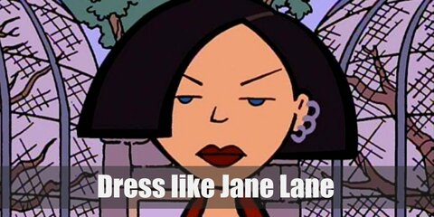 Jane Lane costume has short black hair, several ear-piercings. Also she wears a red jacket over a black v-top with a white collar, black shorts and leggings, and black boots.