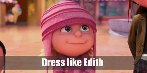 Edith costume is a striped pink sweater, a maroon skirt, maroon tights, white boots, and a pink beanie with pompoms.  