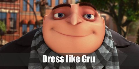 Felonius Gru costume is a black jacket, black pants, black shoes, and a black and gray-striped scarf. 