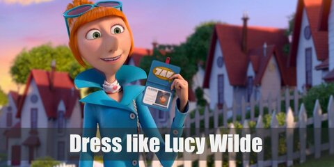 Lucy Wilde costume is a light blue sleeveless dress with a long teal coat above it. She also has a red and white polka dot scarf around her neck and light blue sunglasses perched on her head.