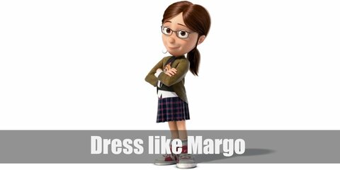 Margo costume the most sensible out of the sisters, and her outfit looks like a blend of uniform and casual. She prefers a black shirt over a white button-down, an olive green blazer, a plaid skirt, and a pair of red sneakers. 