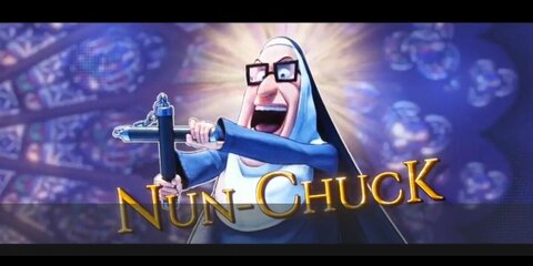 Nun-Chuck outfit features a traditional nun from a monastery outfit but she carries a nun-chuck weapon. 