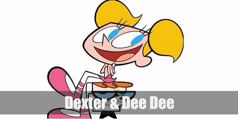 Dexter’s costume is curly red wig, a white buttoned lab coat, black slacks, black shoes, purple gloves, and black-rimmed glasses. Dee Dee’s costume is a blonde wig tied into pigtails, a pink dress, white tights, and pink ballerina flats.