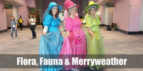 Flora, Fauna, and Merryweathers’s costumes are similar medieval-styled dresses of varying colors: red, green, and blue. 