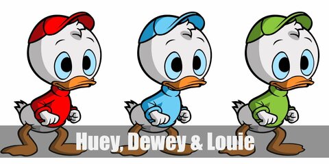 Huey, Dewey, and Louie’s costumes are a shirt and cap each, colored as red, blue, and green respectively. Huey, Dewey, and Louie are Donald Duck’s mischievous triplet nephews. 