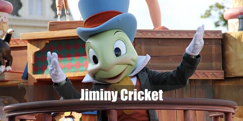 Jiminy Cricket’s costume is a yellow scarf, a red vest, brown pants, a black tailcoat, and a blue top hat. He is also known for bringing along a red umbrella.