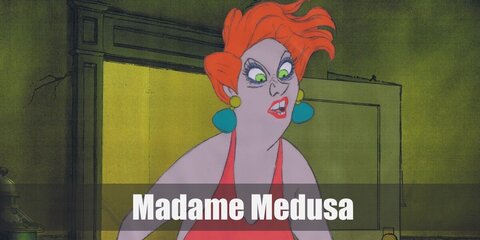 Madame Medusa wears a red dress with her fiery wig. She also wears her stacked earrings and a pair of flats.