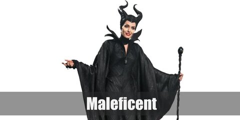  Maleficent’s costume is  a black long-sleeved long dress, a black cathedral-length bridal cape, a black neck choker, and long black horns.