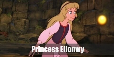 Princess Eilonwy wears a corset bodice with white sleeves and a pink skirt. She also has blonde hair.