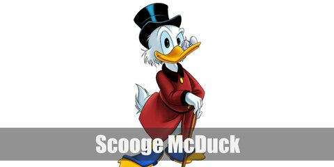  Scrooge McDuck’s costume is a fancy burgundy robe, a top hat, rimmed glasses, white gloves, and always has a money bag ready.