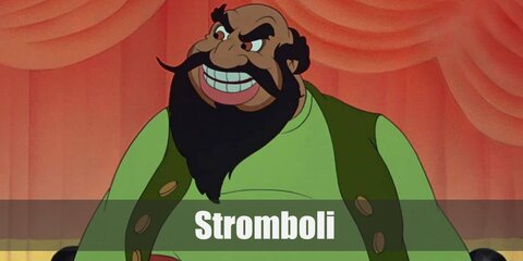 Stromboli wears a green shirt, a red waist cloth, and brown pants. Recreate his physique with a fat suit, a bald cap, and a fake mustache.