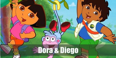 Dora the Explorer’s costume is a purple shirt, an orange pair of shorts, yellow socks, and a pair of white sneakers. Diego’s costume is a blue t-shirt, green cargo pants, a safari vest, hiking socks and boots, a blue watch, and an orange sling bag.