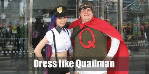 Quailman wears Doug’s usual cargo shorts and green vest getup with the addition of a big red ‘Q’ written on his top and his white briefs worn above his bottoms. 