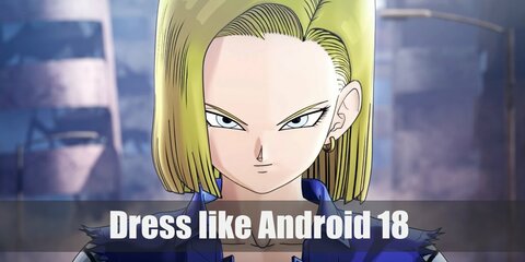 Android 18 costume is a white T-shirt with long sleeves under a black tank top, a denim vest on top, a jean skirt with brown belt, and black leggings with brown boots.