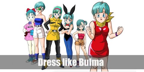  Bulma costume is wearing a pink t-shirt dress, blue sneakers, and her signature teal hair with a red hair bow. 