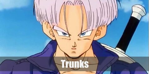 Trunks costume is a black tank top with jacket. Match it with cargo pants, boots, and a yellow belt. Complete the look with a toy sword and a puple wig.