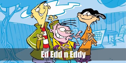  Ed Edd n Eddy’s costumes are a red and white striped T-shirt, loose purple cargo pants, black shoes, and an olive green jacket for Ed; an orange shirt, purple cargo shorts, thigh-high red socks, cyan shoes, and a black sideline beanie for Edd; and a yellow polo shirt with a vertical red stripe on the right side, a purple collar and sleeve hems, light blue pants, and red shoes for Eddy.