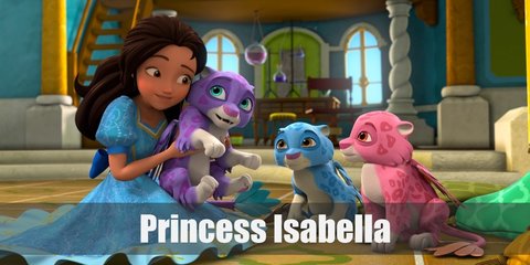 Princess Isabel costume is a blue dress with puffed sleeves, white tights, and mary jane shoes. She has a wavy brunette hair half tied with a blue ribbon. Carry a red book to nail her outfit.
