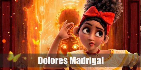  Dolores Madrigal’s costume is a light-colored ruffle top with a collar, a red flamenco skirt, red flats, a red headscarf, and a red choker necklace.