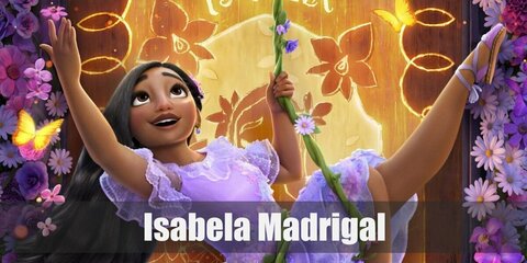 Isabela Madrigal’s costume is a stunning lace-layered purple dress with floral details, ankle-tie wedge sandals, purple dangling earrings, and a flower clip on her hair.