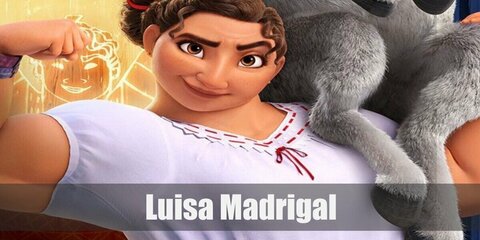  Luisa Madrigal’s costume is a white puff-sleeved top, a purple maxi skirt, purple wedge sandals, twin bracelets, and a red ribbon to tier her hair away from her face.