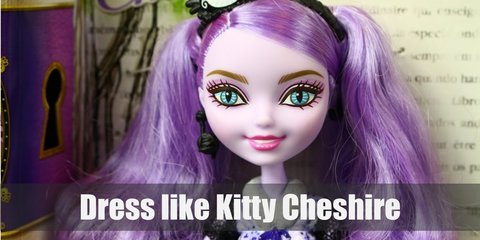 Kitty Chesire costume is a purple dress with black lace, purple-striped leggings, black ankle boots, and cool black lace gloves. She also has light purple hair with a black headband.  