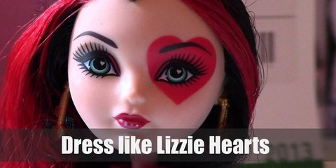 Lizzie Hearts wears an outfit themed with red, gold, and black. She wears a black dress littered with red and gold hearts, black tights, and red pumps. 