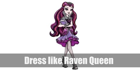 Raven Queen costume is a purple corset, a purple skirt, a queen styled white collar, a spike tiara, bracelets, net stockings, and high heels.
