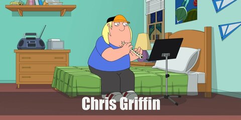  Chris Griffin’s costume is a simple blue shirt, black pants, white sneakers with red details, and an gold cap.