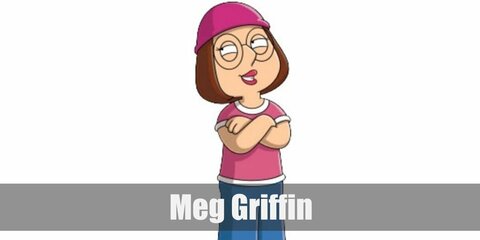  Meg Griffin’s costume is a white shirt underneath a pink shirt, denim pants, grey sneakers, and pink beanie, and oversized eyeglasses.
