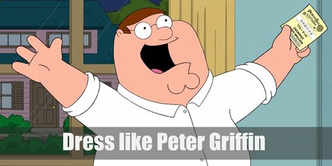 Peter Griffin wears a white buttoned down shirt, green pants, black leather belt with gold buckle, and brown working shoes.