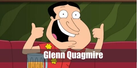 Quagmire costume is a red button-down shirt with floral details. Then, get blue pants and brown shoes.