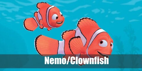 Nemo’s costume is a clown fish T-shirt, orange with white and black shorts, orange with white and black shoes, and a Nemo-themed sunglasses mask.