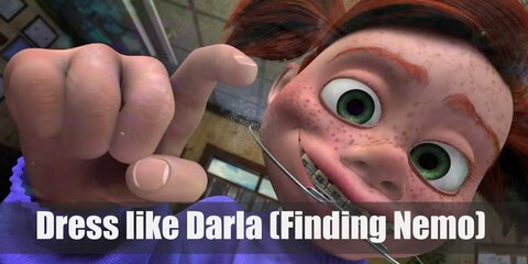 Darla costume is a purple sweater, a yellow plaid skirt, black Mary Janes, and old-school braces.  