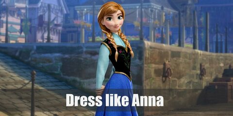 Anna wears a blue long sleeved shirt with a dark color in the mid waist to chest, a long pinkish red cloak, a long dark blue skirt, and a pair of dark booths.