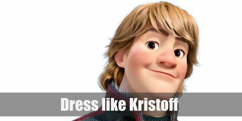 Kristoff wears a black sweater topped with a long sleeveless tunic, dark gloves, a dark pom pom hat, a red belt, black pants, and pointy boots.