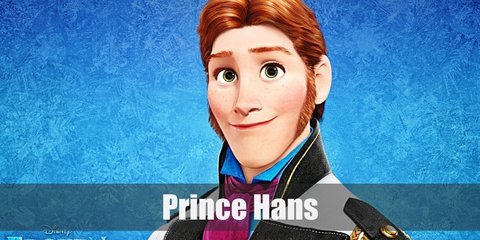 Prince Hans costume consists of a white coat, blue vest, and a fuchsia neckerchief. His coat is also styled with a black shoulder gear and arm guard. Pair the coat with blue pants and brown hunting boots. To complete the princely outfit, wear a brown wig and matching sideburns.