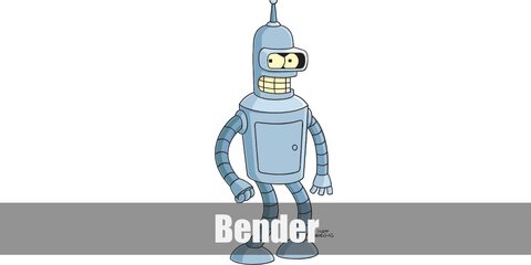  Bender’s costume is a grey pajama set, grey sneakers, EVA foam sheets, silver acrylic paint, a Bender-inspired hat, and grey gloves.