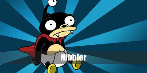 Nibbler’s costume is a black onesie, yellow shoes, a white diaper, a red cape, fake fangs, and use EVA foam to create his third eye.