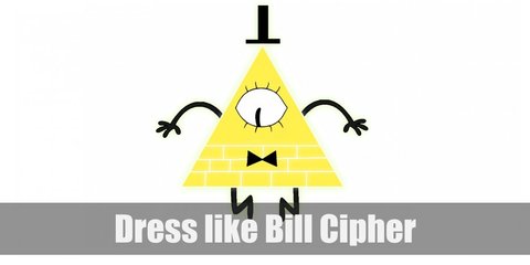 Bill Cipher is triangular yellow figure with one eye. He wears a bow tie, a top hat, and has black arms and legs.