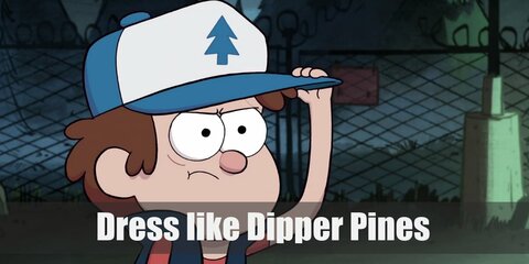 Dipper Pines costume is a plain red shirt under a blue puffer vest, a pair of dark gray shorts, and his trusty blue cap. 