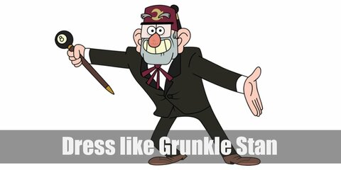 Grunkle Stan costume is a very interesting mix of classy and mysterious with his all black suit combined with his fish fez and 8-ball cane.