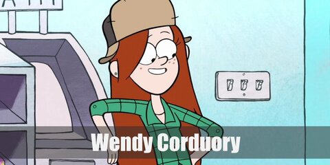 Wendy Corduroy's costume includes a green plaid shirt, pants, and boots. She has auburn hair and a lumberjack hat. 