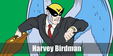 Harvey Birdman wears a gray suit, a yellow cap, and red tie. He also has a pair of yellow shoes and blue wings. 