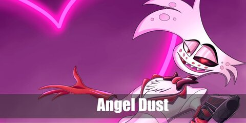  Angel Dust’s costume is black spandex yoga shorts, a special Angel Dust pink striped dress sweatshirt with long pink gloves, and thigh-high black boots.