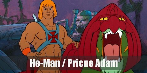  He-Man’s costume is a silver and rest chest hardness paired with a loin cloth, or a white shirt long-sleeve shirt underneath a short-sleeved pink shirt paired with purple tights and purple boots. He is also known for his blond bob and sword.